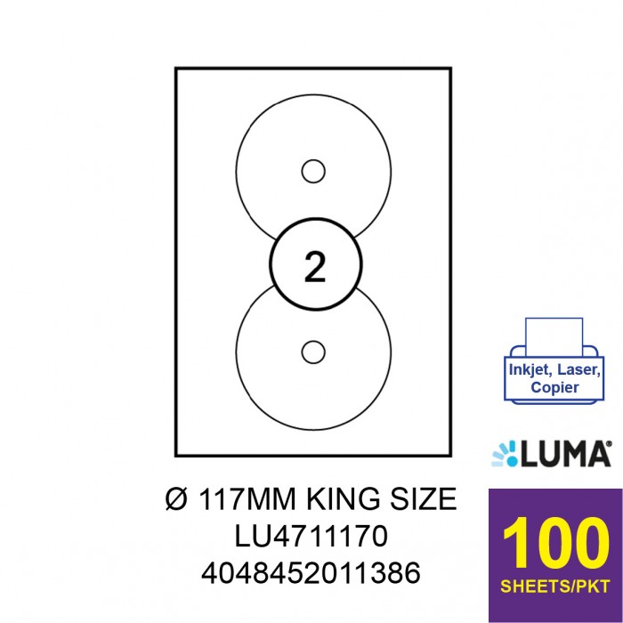 LUMA LU4711170 LABEL FOR INKJET / LASER / COPIER 100 SHEETS/PKT WHITE ROUND KING SIZE 117MM